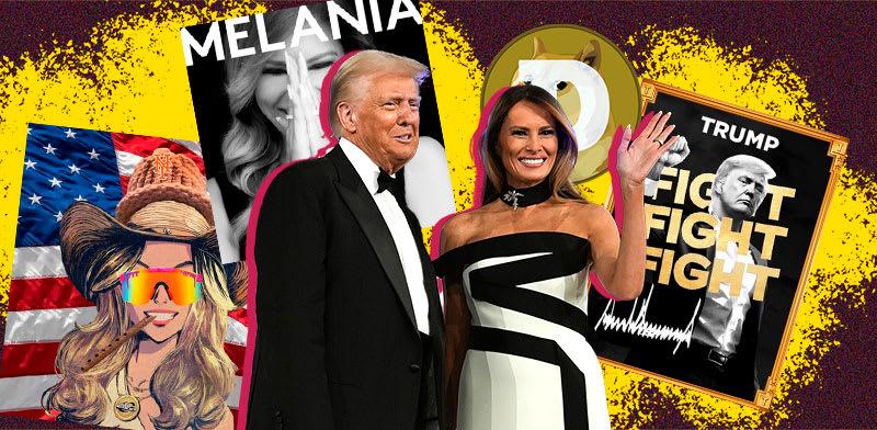  צילום:  שהשיק טראמפ, מטבע הדודג', המטבע שהשיקה מלניה והיילי וולש שניצלה הייפ והנפיקה מטבע מם / צילומים: מתוך איקס, AP-Evan Vucci