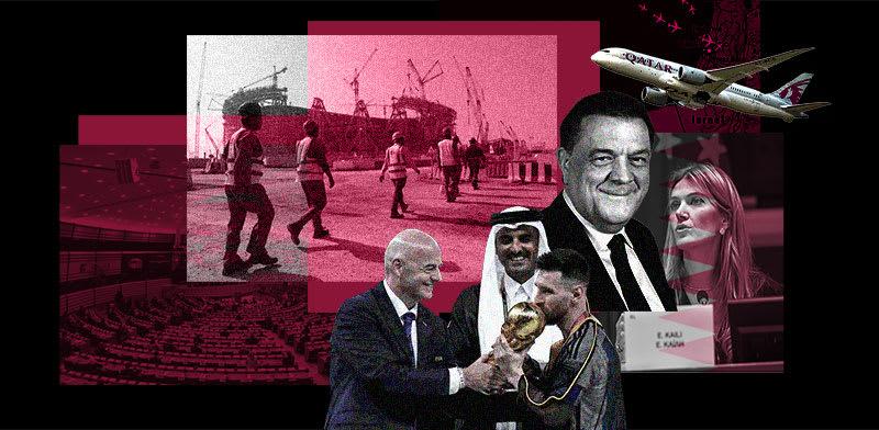  צילום: ;השיטה הקטארית" / עיבוד: טלי בוגדנובסקי; צילומים: AP/European Parliament, Manu Fernandez, Hassan Ammar, Diliff/wikipedia