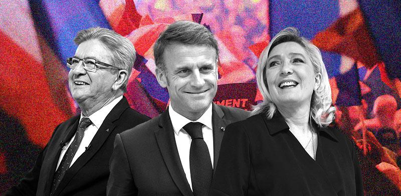  צילום: לה־פן (RN/UXD), עמנואל מקרון (ENS), ז'אן לוק מלנשון (NFP) / צילומים: רויטרס - Blondet Eliot/ABACA , Andre Pain/Pool , William Cannarella / Panoramic