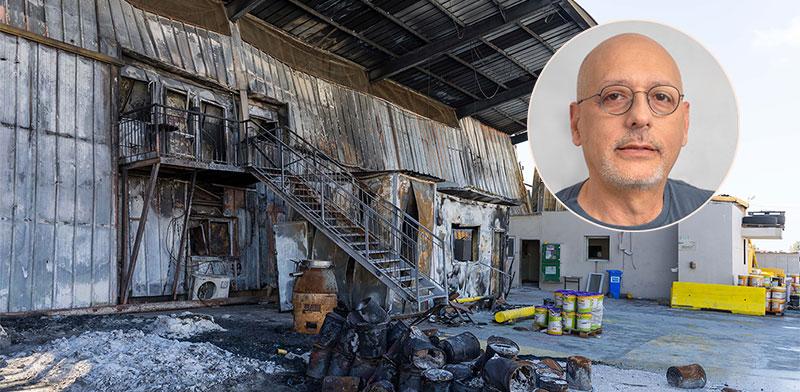 מפעל נירלט השרוף בניר עוז. בעיגול: המנכ''ל עמרי לוטן / צילום: לירון מולדובן, דור פוזואלו