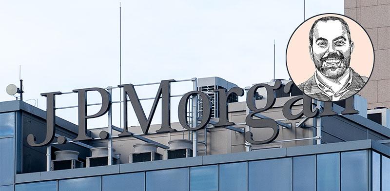 סניף ג'יי.פי מורגן. בעיגול: אוליבייה עמר / צילום: רויטרס - Marek Antoni Iwanczuk, איור: גיל ג'יבלי